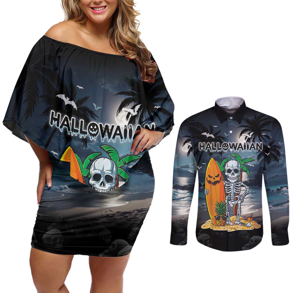 Personalised Hawaii Halloween Couples Matching Off Shoulder Short Dress and Long Sleeve Button Shirt Hallowaiian Skeleton Surf