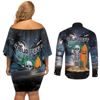 Personalised Hawaii Halloween Couples Matching Off Shoulder Short Dress and Long Sleeve Button Shirt Hallowaiian Skeleton Surf