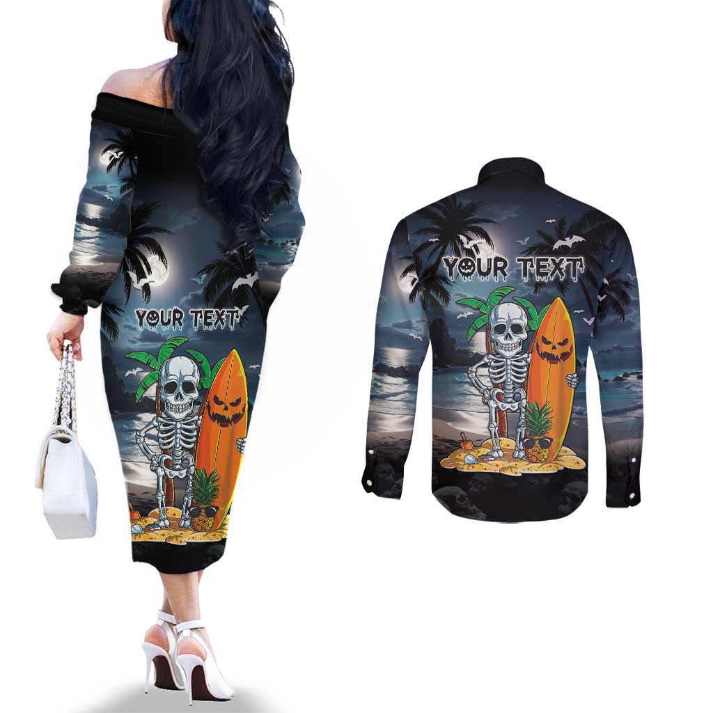 Personalised Hawaii Halloween Couples Matching Off The Shoulder Long Sleeve Dress and Long Sleeve Button Shirt Hallowaiian Skeleton Surf