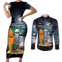 Personalised Hawaii Halloween Couples Matching Short Sleeve Bodycon Dress and Long Sleeve Button Shirt Hallowaiian Skeleton Surf