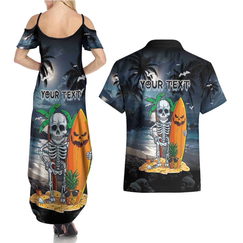 Personalised Hawaii Halloween Couples Matching Summer Maxi Dress and Hawaiian Shirt Hallowaiian Skeleton Surf