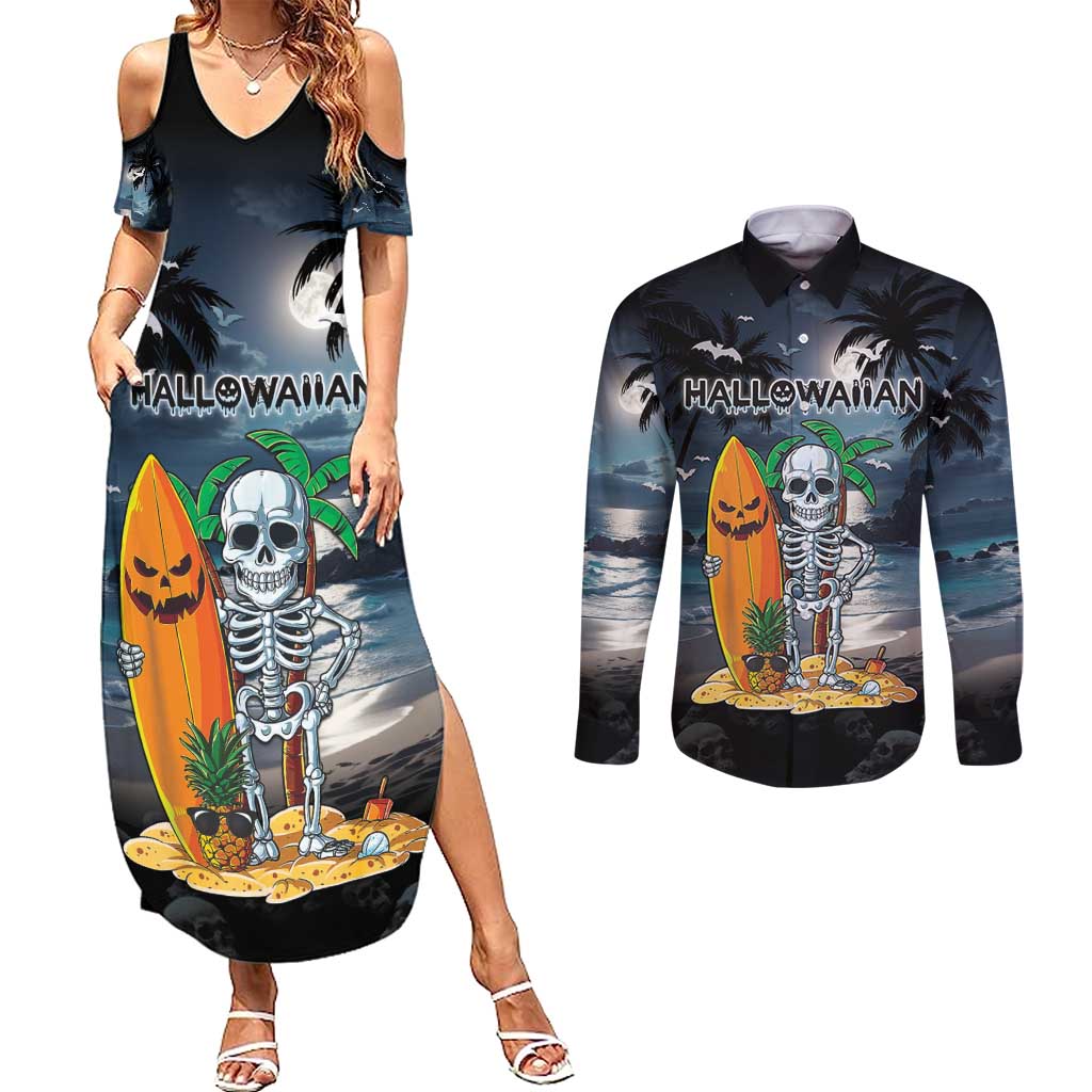 Personalised Hawaii Halloween Couples Matching Summer Maxi Dress and Long Sleeve Button Shirt Hallowaiian Skeleton Surf
