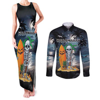 Personalised Hawaii Halloween Couples Matching Tank Maxi Dress and Long Sleeve Button Shirt Hallowaiian Skeleton Surf
