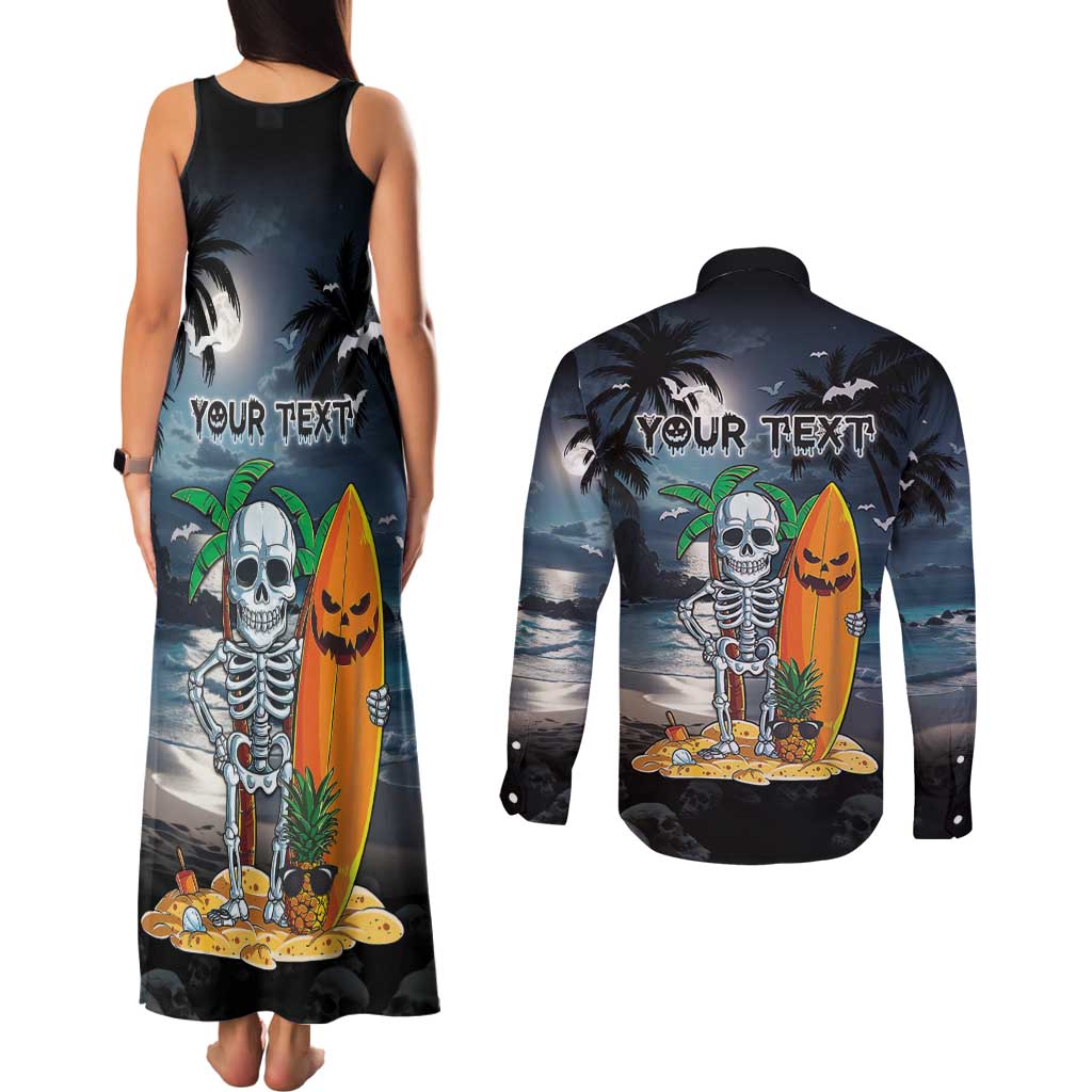 Personalised Hawaii Halloween Couples Matching Tank Maxi Dress and Long Sleeve Button Shirt Hallowaiian Skeleton Surf