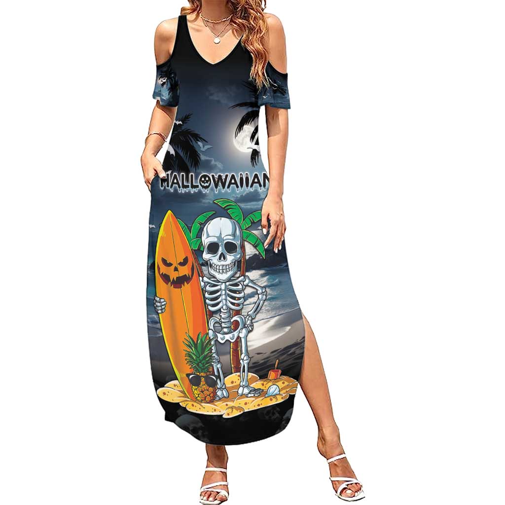 Personalised Hawaii Halloween Family Matching Summer Maxi Dress and Hawaiian Shirt Hallowaiian Skeleton Surf