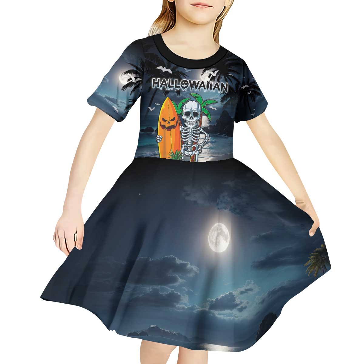 Personalised Hawaii Halloween Kid Short Sleeve Dress Hallowaiian Skeleton Surf
