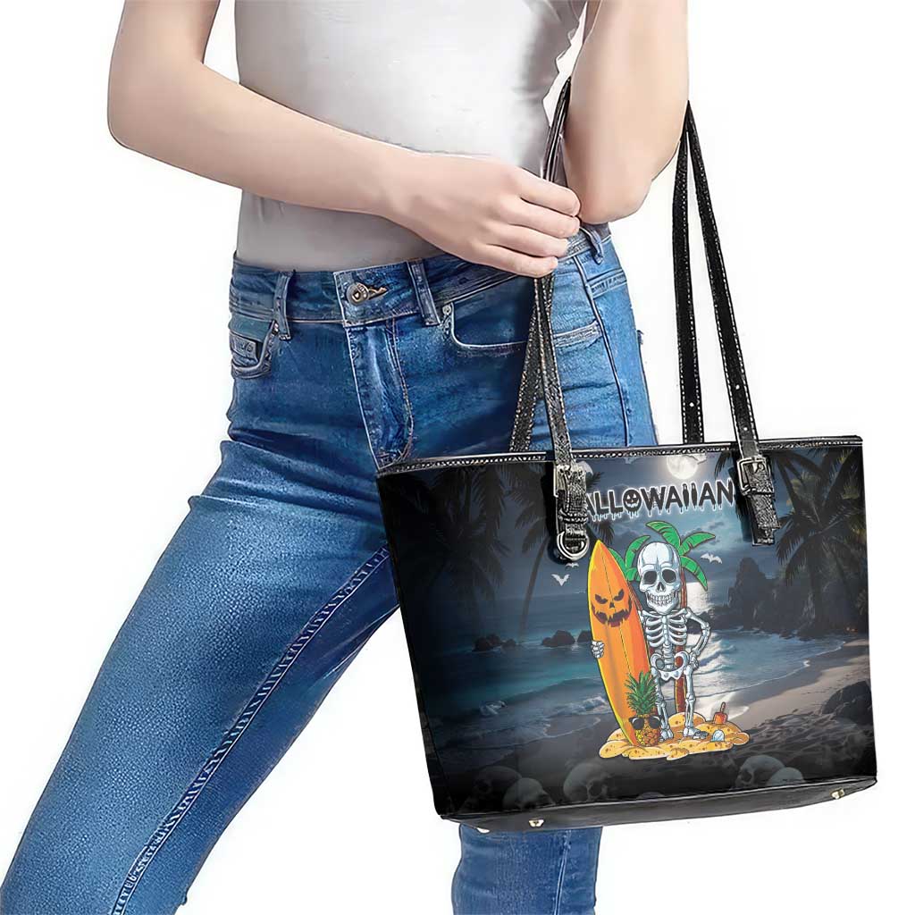 Hawaii Halloween Leather Tote Bag Hallowaiian Skeleton Surf