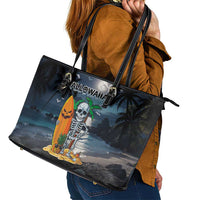 Hawaii Halloween Leather Tote Bag Hallowaiian Skeleton Surf