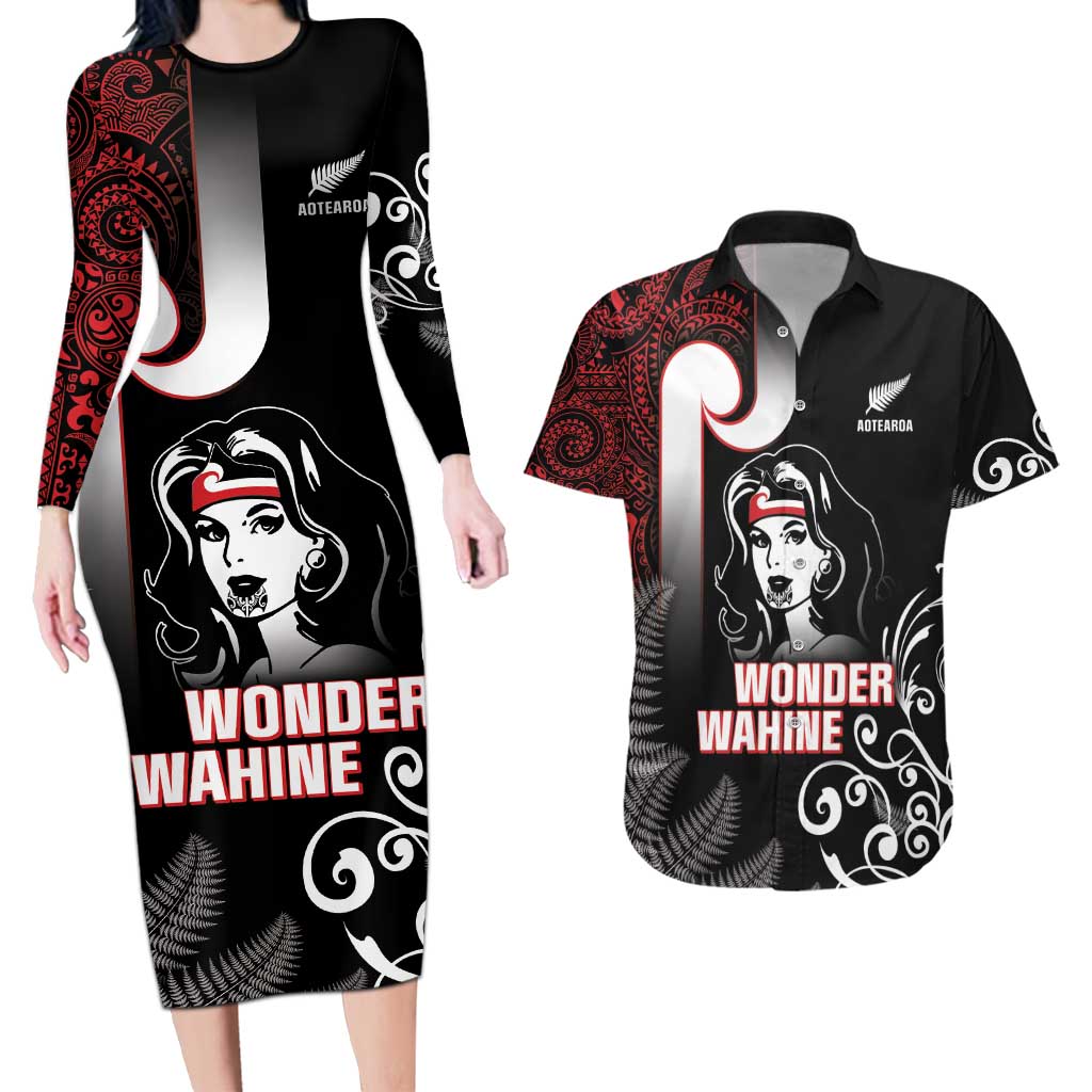 New Zealand Aotearoa Mana Wahine Couples Matching Long Sleeve Bodycon Dress and Hawaiian Shirt