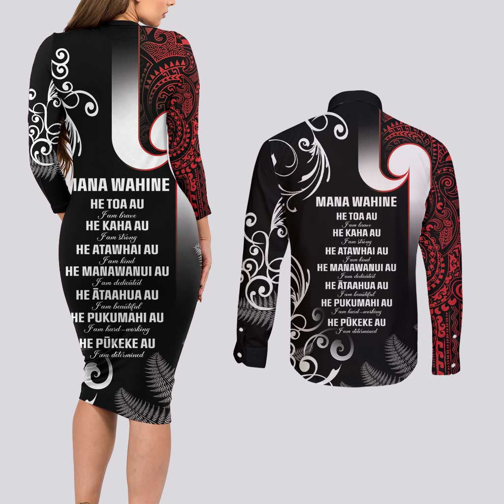 New Zealand Aotearoa Mana Wahine Couples Matching Long Sleeve Bodycon Dress and Long Sleeve Button Shirt