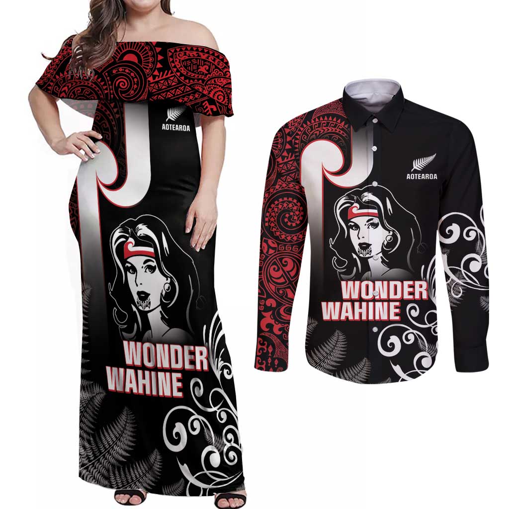 New Zealand Aotearoa Mana Wahine Couples Matching Off Shoulder Maxi Dress and Long Sleeve Button Shirt