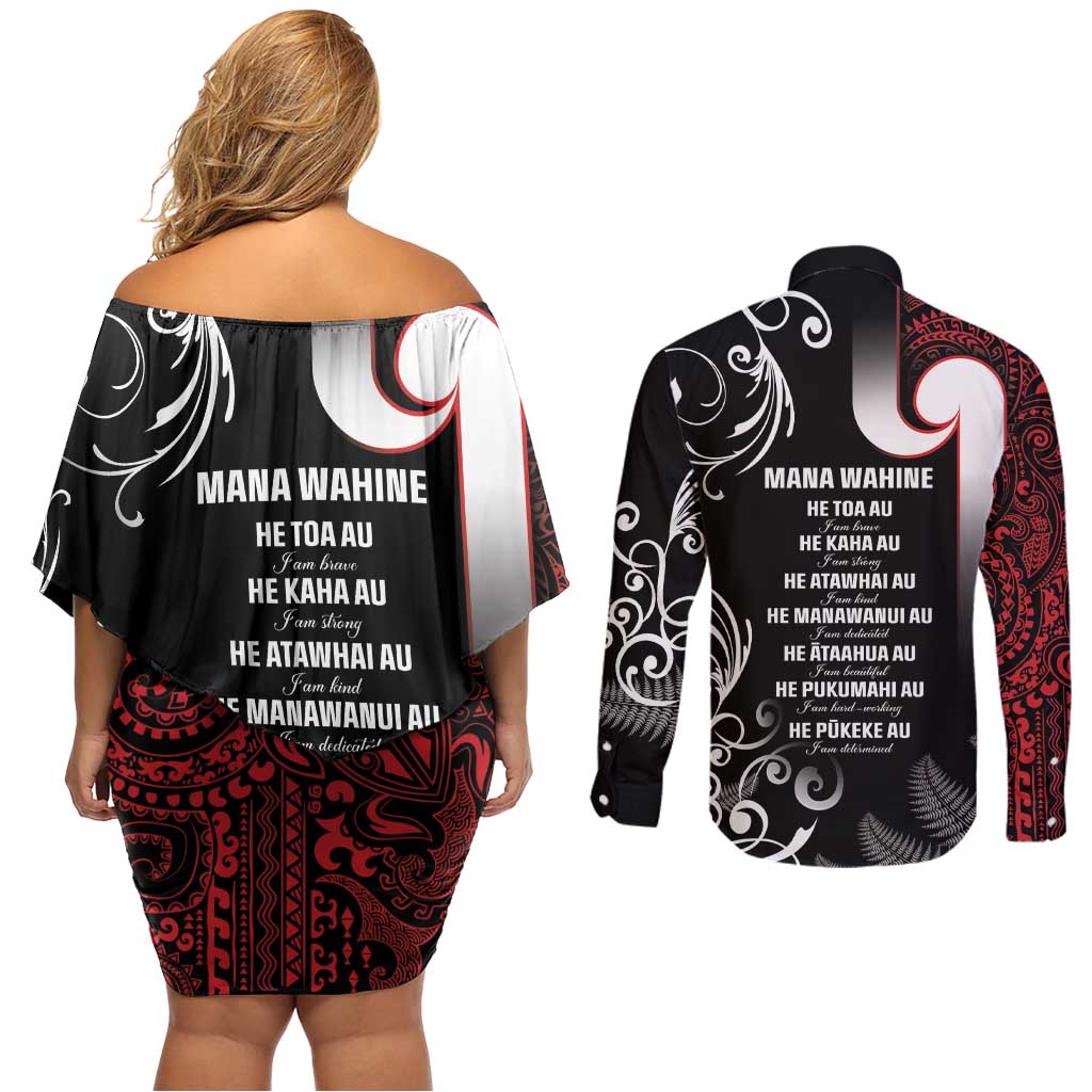 New Zealand Aotearoa Mana Wahine Couples Matching Off Shoulder Short Dress and Long Sleeve Button Shirt