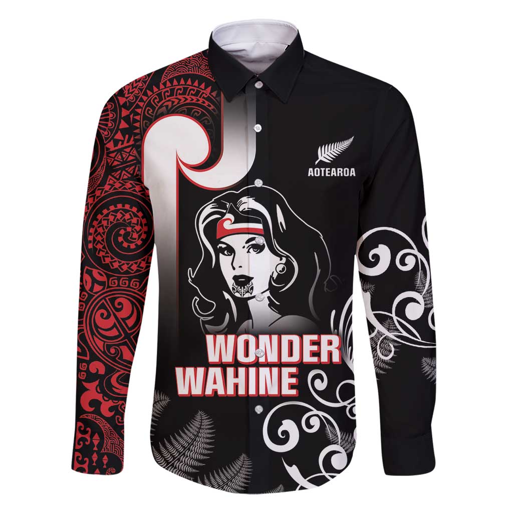 New Zealand Aotearoa Mana Wahine Family Matching Long Sleeve Bodycon Dress and Hawaiian Shirt LT05 Dad's Shirt - Long Sleeve Black - Polynesian Pride