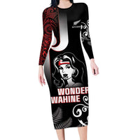 New Zealand Aotearoa Mana Wahine Family Matching Long Sleeve Bodycon Dress and Hawaiian Shirt LT05 Mom's Dress Black - Polynesian Pride