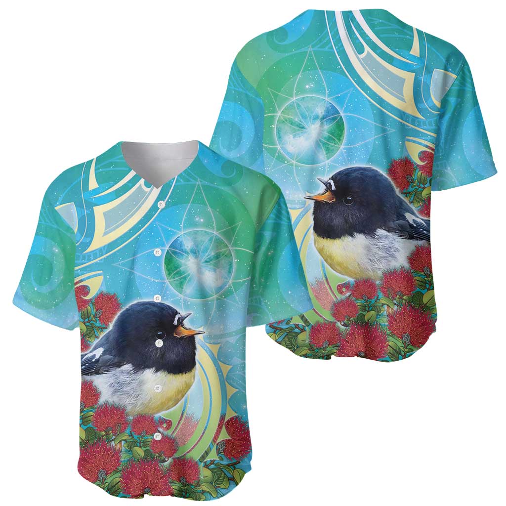 New Zealand Tomtit Baseball Jersey Maori Koru With Pohutukawa Galaxy Style - Polynesian Pride