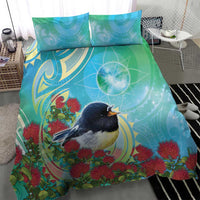 New Zealand Tomtit Bedding Set Maori Koru With Pohutukawa Galaxy Style - Polynesian Pride
