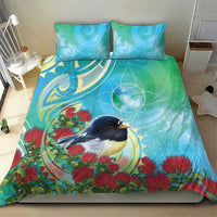New Zealand Tomtit Bedding Set Maori Koru With Pohutukawa Galaxy Style - Polynesian Pride