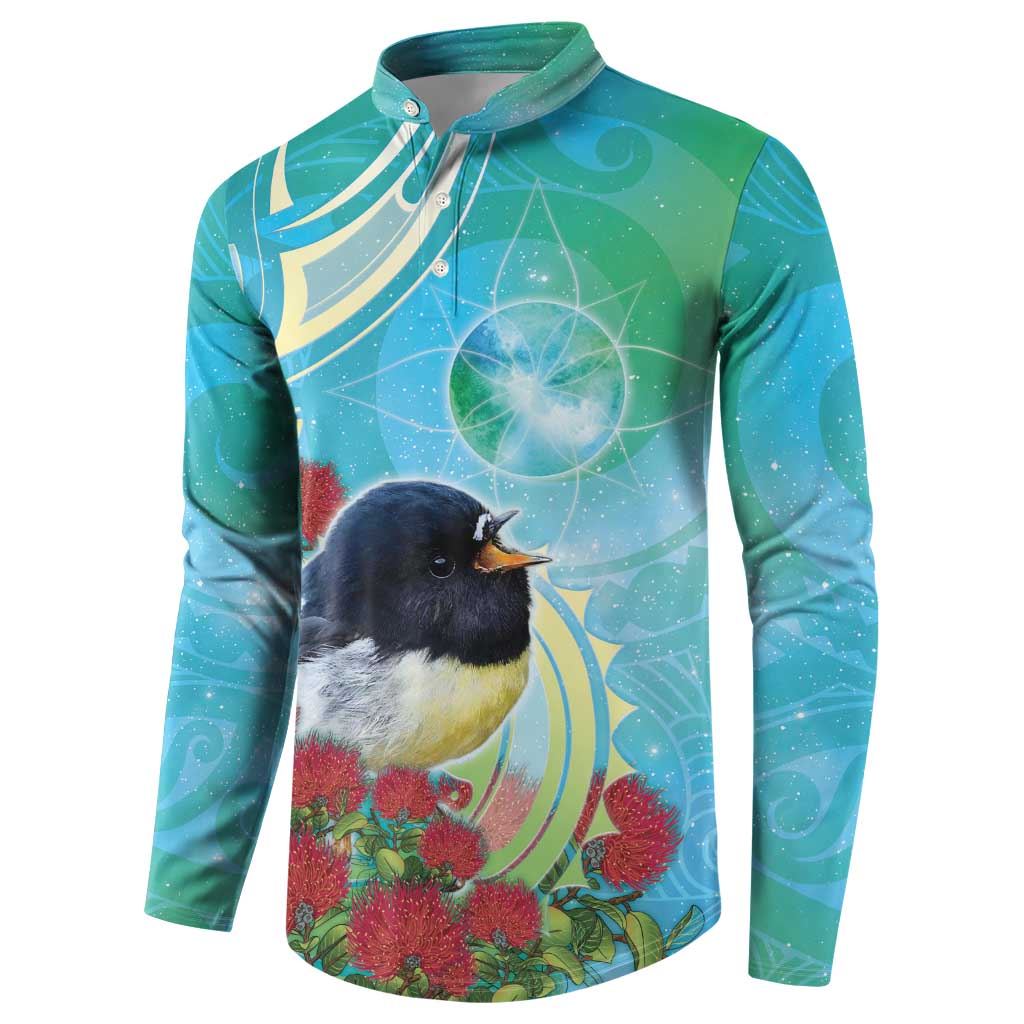 New Zealand Tomtit Button Sweatshirt Maori Koru With Pohutukawa Galaxy Style - Polynesian Pride