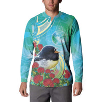 New Zealand Tomtit Button Sweatshirt Maori Koru With Pohutukawa Galaxy Style - Polynesian Pride