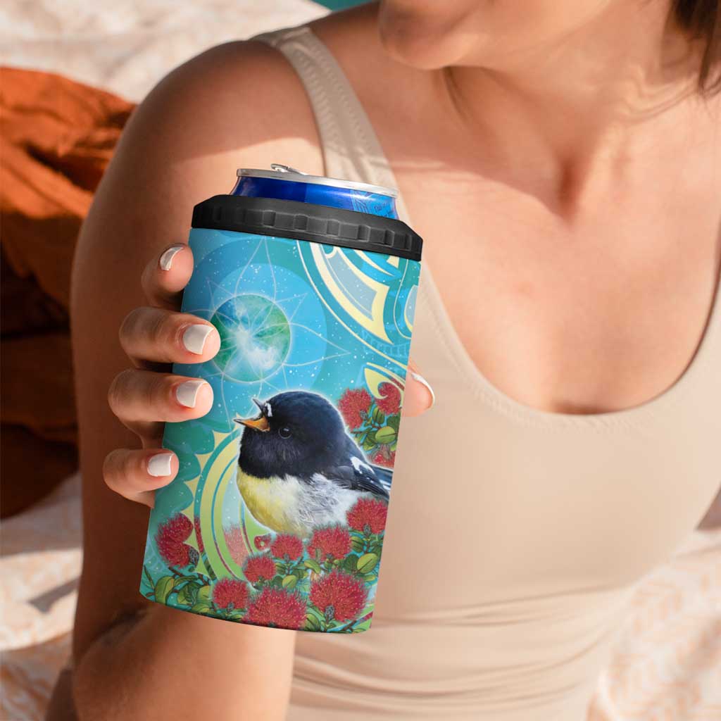New Zealand Tomtit 4 in 1 Can Cooler Tumbler Maori Koru With Pohutukawa Galaxy Style - Polynesian Pride