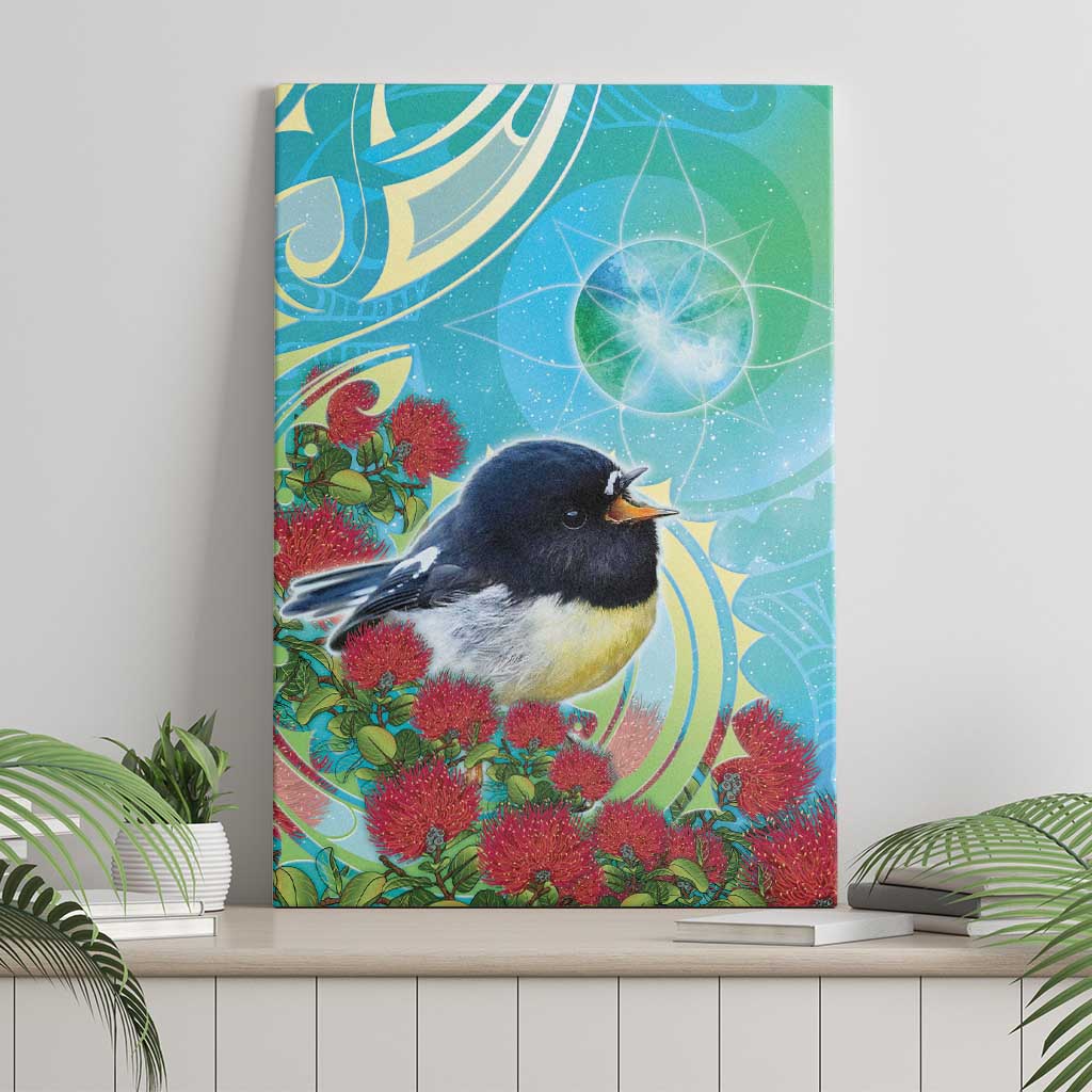 New Zealand Tomtit Canvas Wall Art Maori Koru With Pohutukawa Galaxy Style - Polynesian Pride