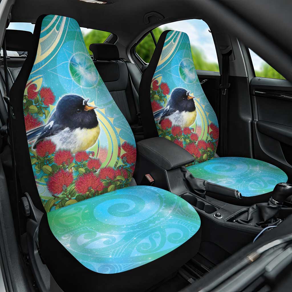 New Zealand Tomtit Car Seat Cover Maori Koru With Pohutukawa Galaxy Style - Polynesian Pride