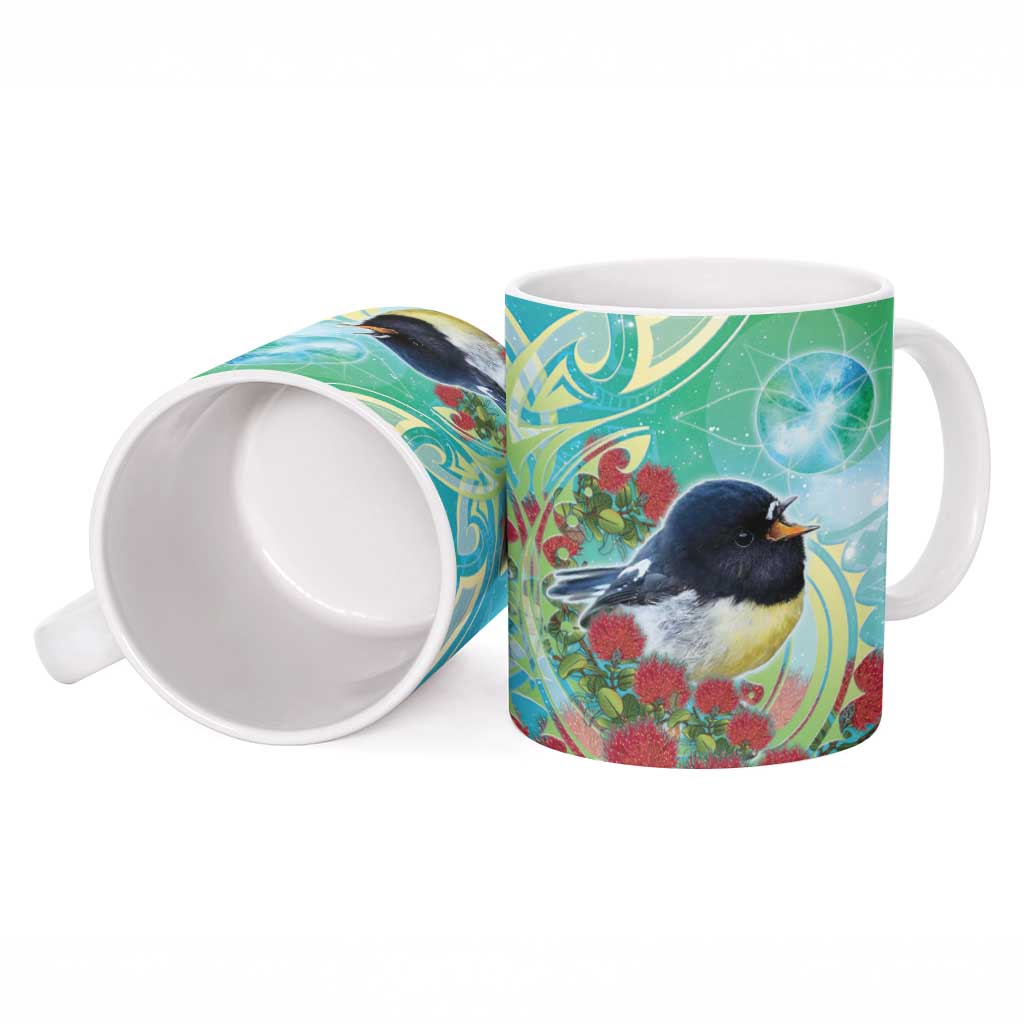 New Zealand Tomtit Ceramic Mug Maori Koru With Pohutukawa Galaxy Style - Polynesian Pride