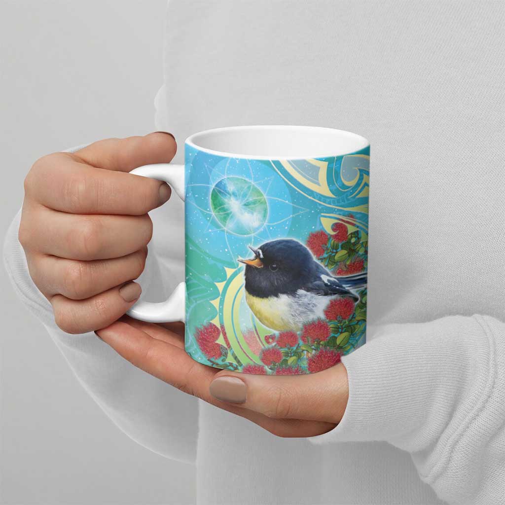 New Zealand Tomtit Ceramic Mug Maori Koru With Pohutukawa Galaxy Style - Polynesian Pride