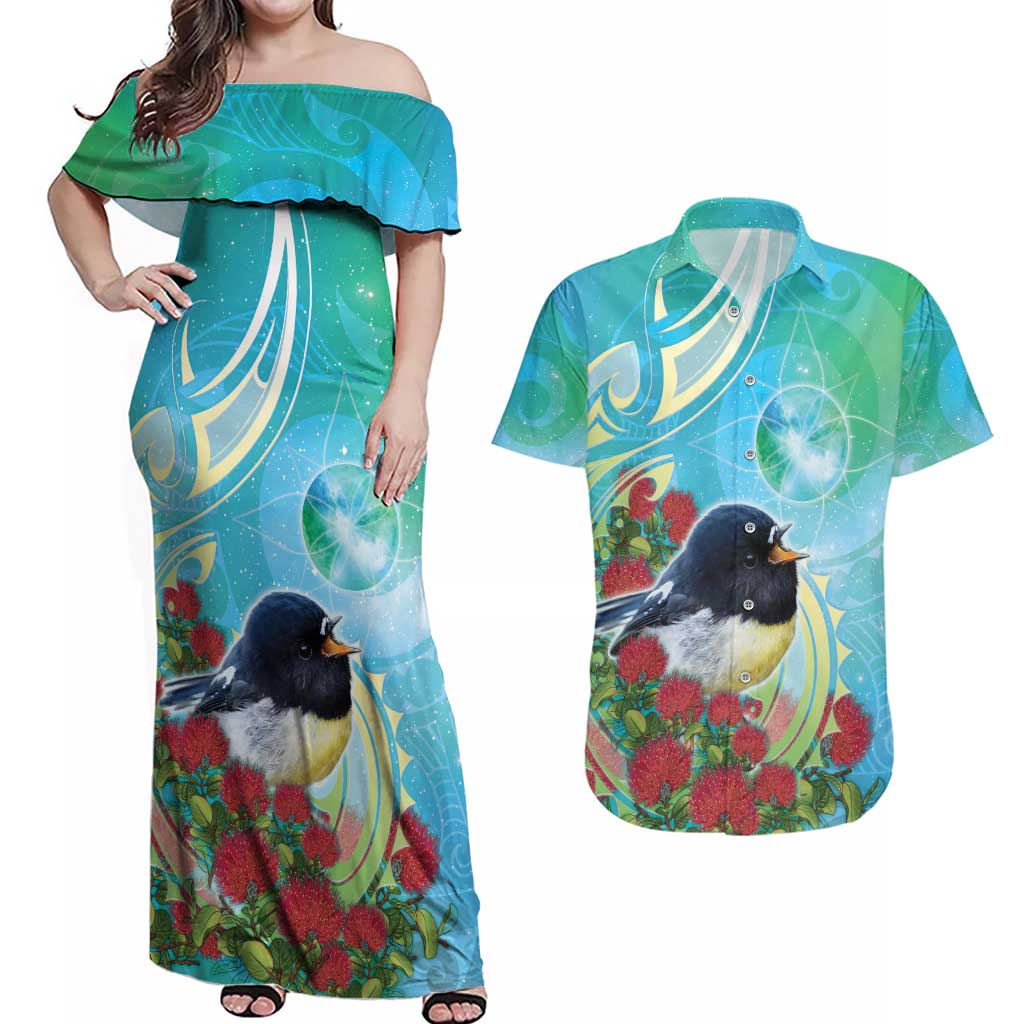 New Zealand Tomtit Couples Matching Off Shoulder Maxi Dress and Hawaiian Shirt Maori Koru With Pohutukawa Galaxy Style - Polynesian Pride