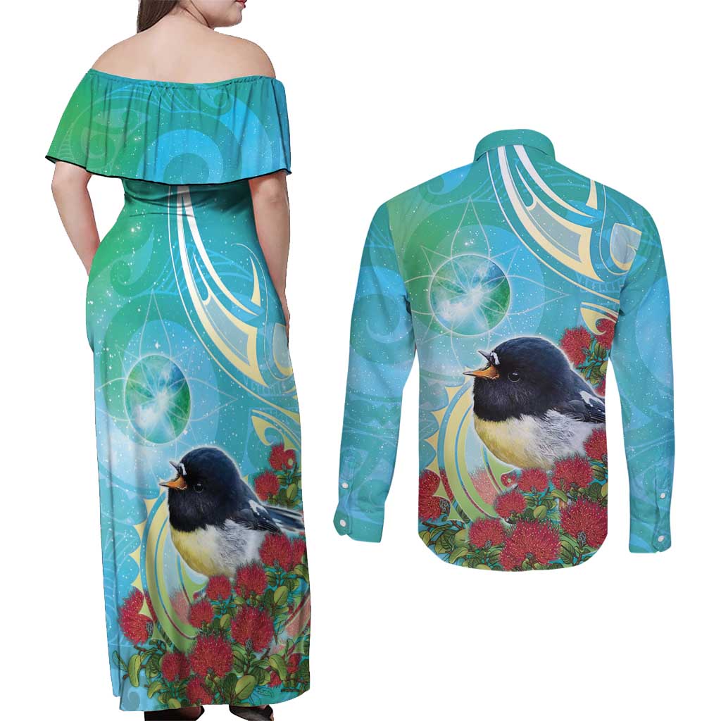 New Zealand Tomtit Couples Matching Off Shoulder Maxi Dress and Long Sleeve Button Shirt Maori Koru With Pohutukawa Galaxy Style - Polynesian Pride