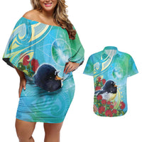 New Zealand Tomtit Couples Matching Off Shoulder Short Dress and Hawaiian Shirt Maori Koru With Pohutukawa Galaxy Style - Polynesian Pride