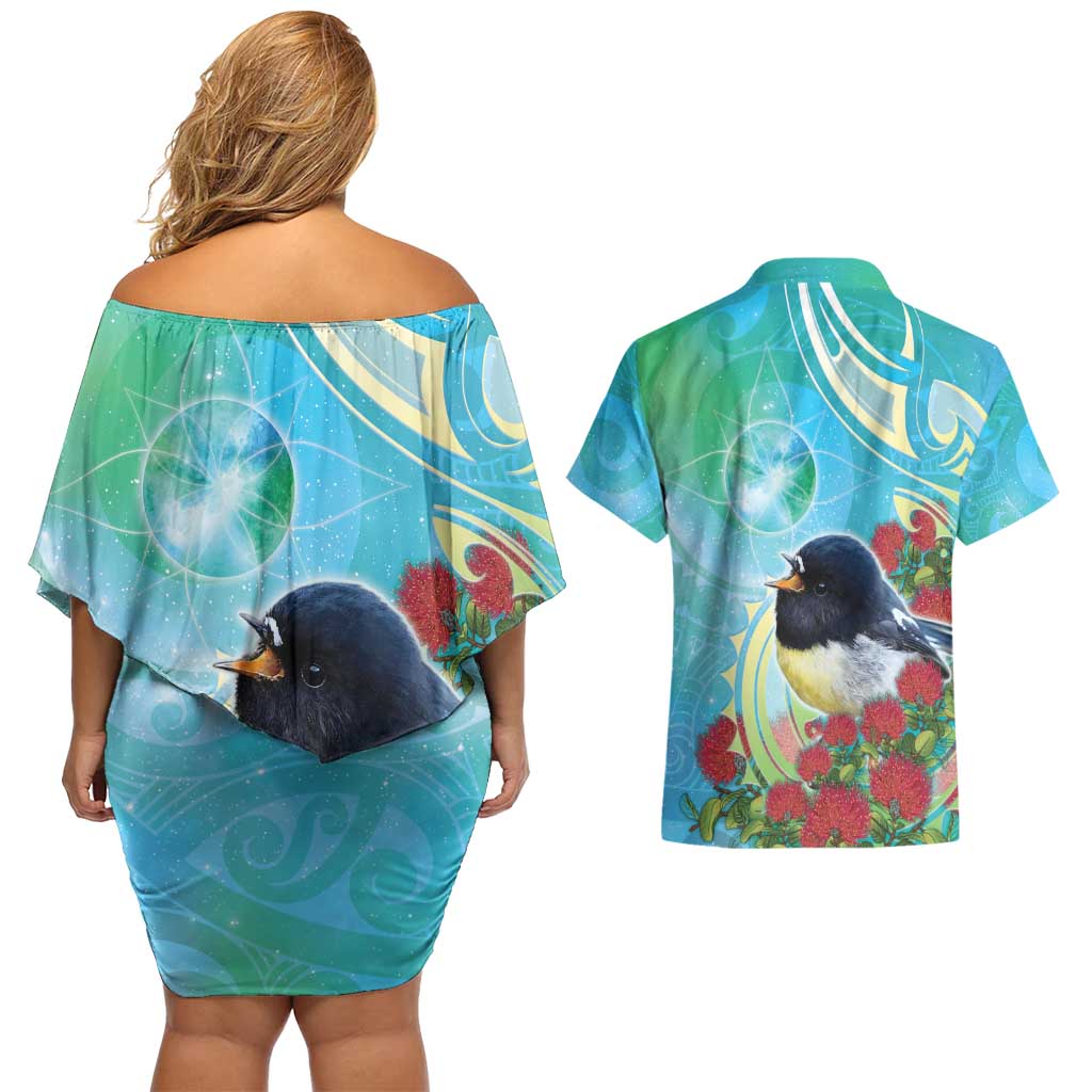 New Zealand Tomtit Couples Matching Off Shoulder Short Dress and Hawaiian Shirt Maori Koru With Pohutukawa Galaxy Style - Polynesian Pride