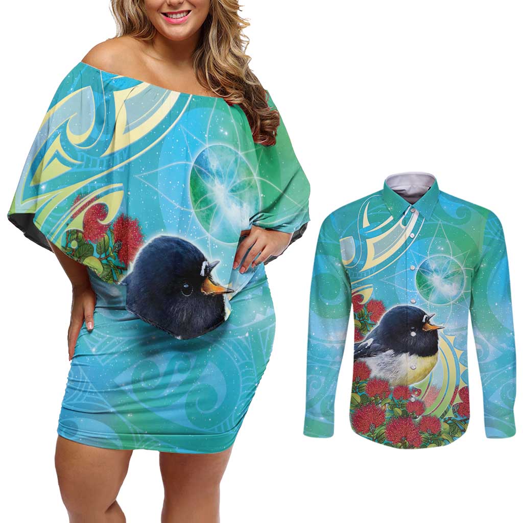New Zealand Tomtit Couples Matching Off Shoulder Short Dress and Long Sleeve Button Shirt Maori Koru With Pohutukawa Galaxy Style - Polynesian Pride