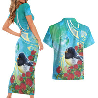New Zealand Tomtit Couples Matching Short Sleeve Bodycon Dress and Hawaiian Shirt Maori Koru With Pohutukawa Galaxy Style - Polynesian Pride