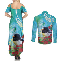 New Zealand Tomtit Couples Matching Summer Maxi Dress and Long Sleeve Button Shirt Maori Koru With Pohutukawa Galaxy Style - Polynesian Pride