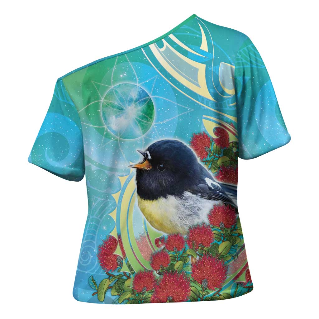New Zealand Tomtit Cross Shoulder Shirt Maori Koru With Pohutukawa Galaxy Style - Polynesian Pride