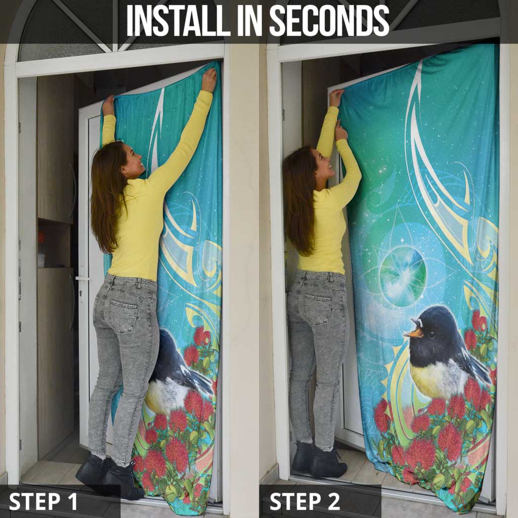 New Zealand Tomtit Door Cover Maori Koru With Pohutukawa Galaxy Style - Polynesian Pride