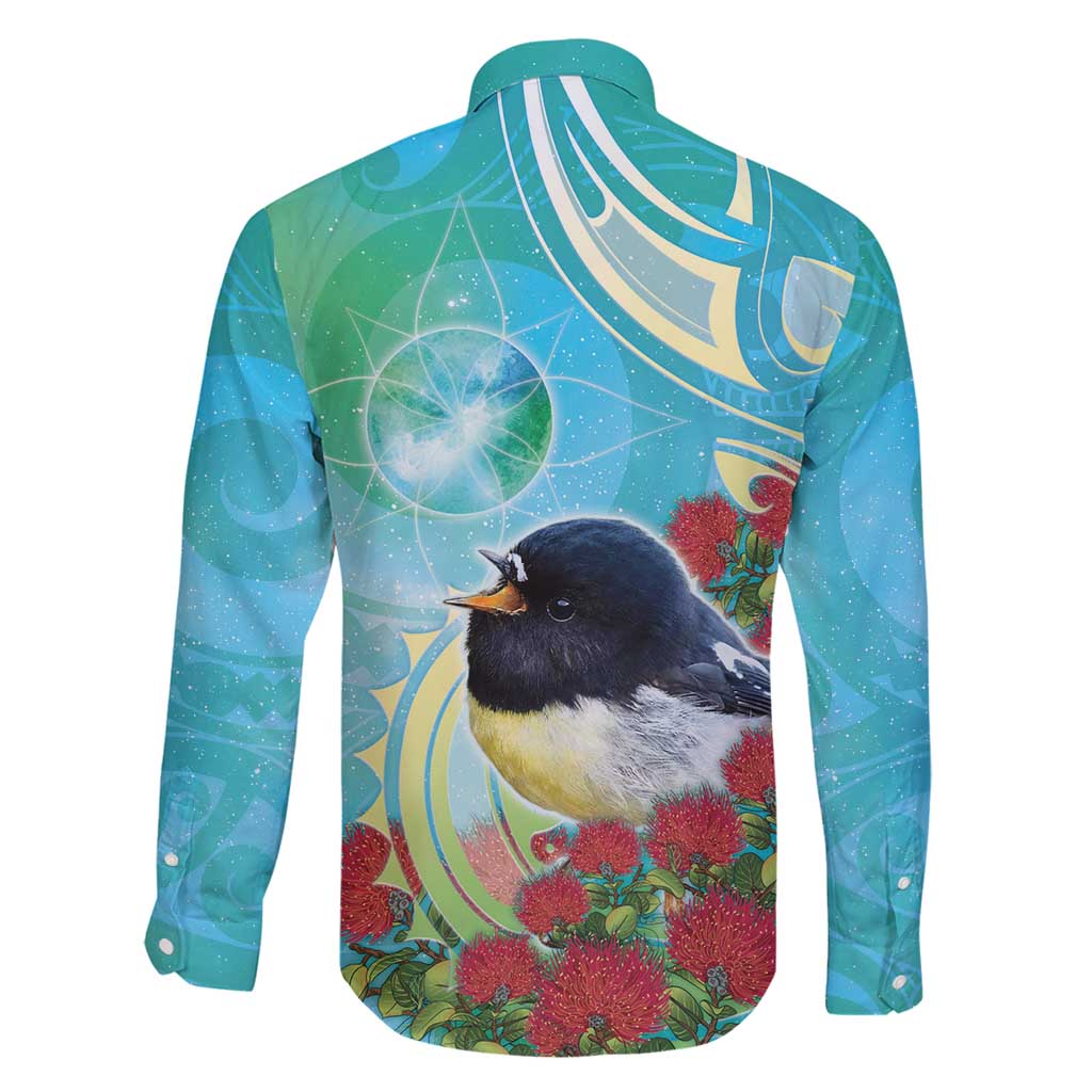 New Zealand Tomtit Family Matching Long Sleeve Bodycon Dress and Hawaiian Shirt Maori Koru With Pohutukawa Galaxy Style - Polynesian Pride