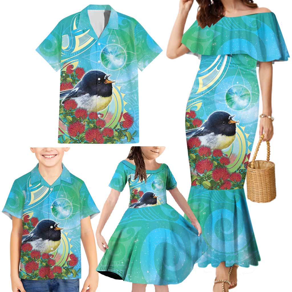 New Zealand Tomtit Family Matching Mermaid Dress and Hawaiian Shirt Maori Koru With Pohutukawa Galaxy Style - Polynesian Pride