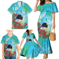 New Zealand Tomtit Family Matching Mermaid Dress and Hawaiian Shirt Maori Koru With Pohutukawa Galaxy Style - Polynesian Pride