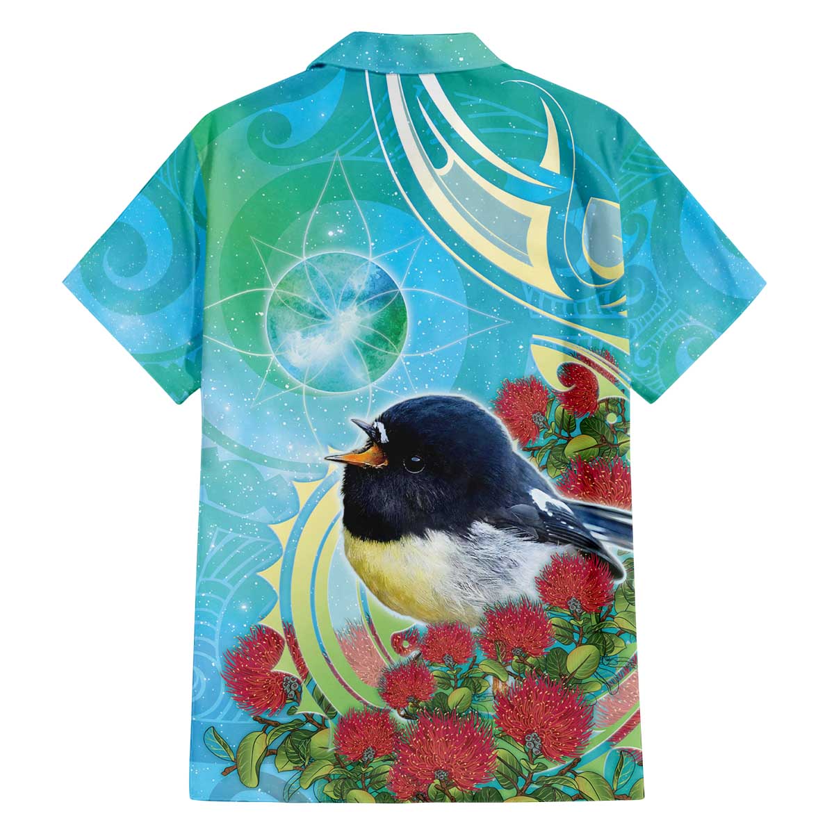 New Zealand Tomtit Family Matching Off The Shoulder Long Sleeve Dress and Hawaiian Shirt Maori Koru With Pohutukawa Galaxy Style - Polynesian Pride