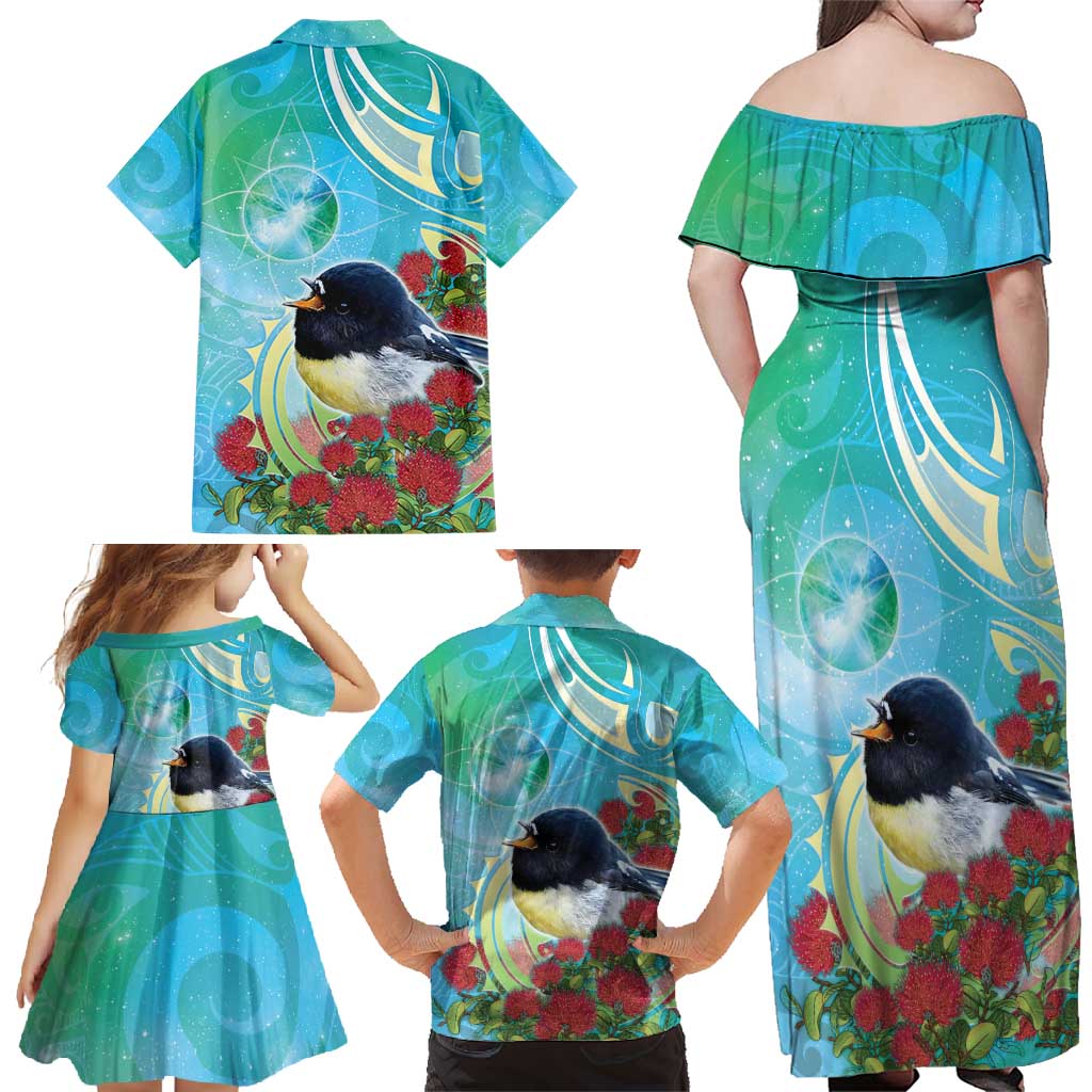 New Zealand Tomtit Family Matching Off Shoulder Maxi Dress and Hawaiian Shirt Maori Koru With Pohutukawa Galaxy Style - Polynesian Pride