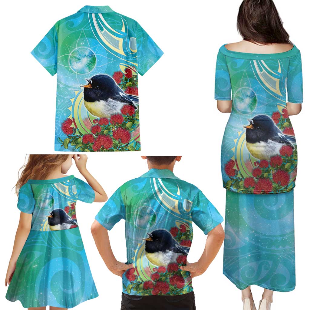 New Zealand Tomtit Family Matching Puletasi and Hawaiian Shirt Maori Koru With Pohutukawa Galaxy Style - Polynesian Pride