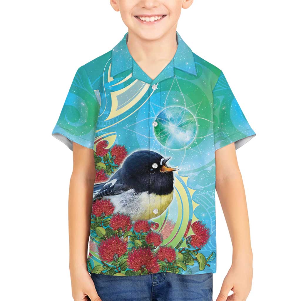 New Zealand Tomtit Family Matching Puletasi and Hawaiian Shirt Maori Koru With Pohutukawa Galaxy Style - Polynesian Pride