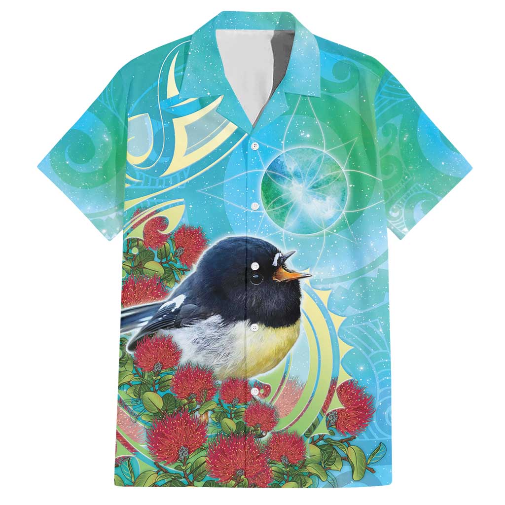 New Zealand Tomtit Family Matching Short Sleeve Bodycon Dress and Hawaiian Shirt Maori Koru With Pohutukawa Galaxy Style - Polynesian Pride