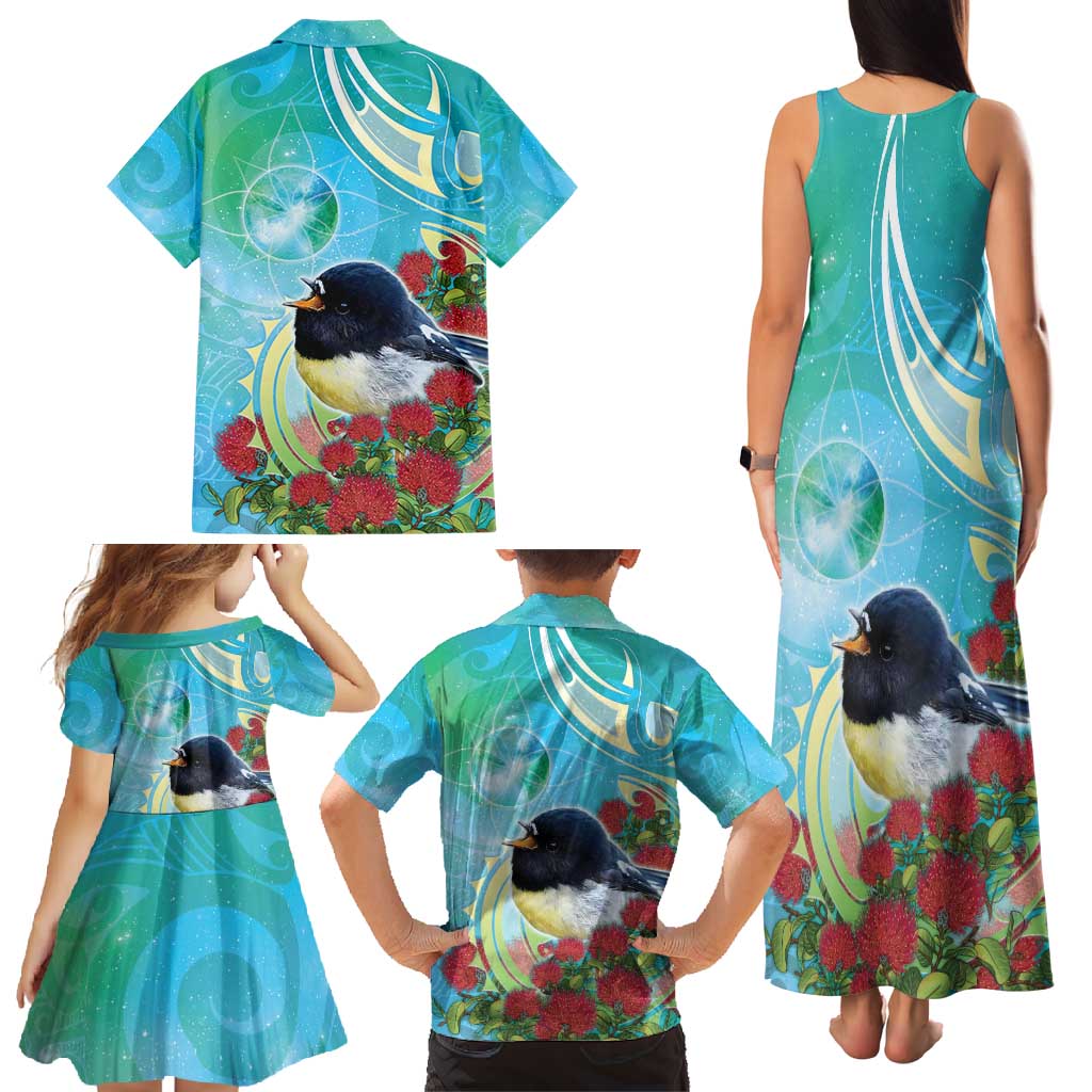 New Zealand Tomtit Family Matching Tank Maxi Dress and Hawaiian Shirt Maori Koru With Pohutukawa Galaxy Style - Polynesian Pride