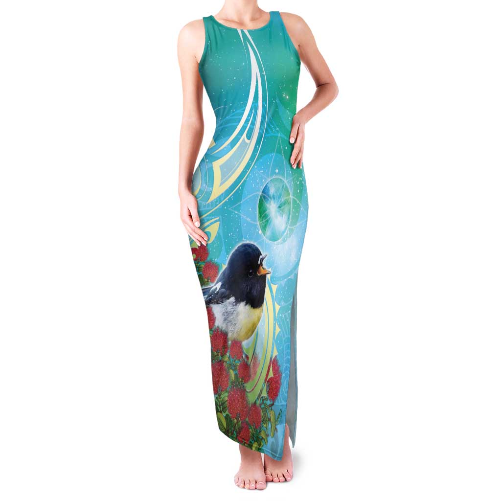 New Zealand Tomtit Family Matching Tank Maxi Dress and Hawaiian Shirt Maori Koru With Pohutukawa Galaxy Style - Polynesian Pride