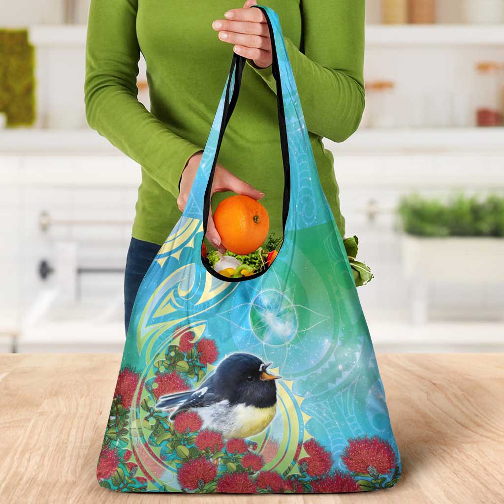 New Zealand Tomtit Grocery Bag Maori Koru With Pohutukawa Galaxy Style - Polynesian Pride