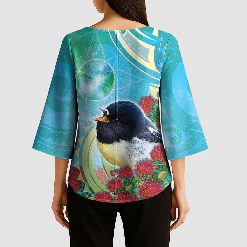 New Zealand Tomtit Kimono Sleeve Blouse Maori Koru With Pohutukawa Galaxy Style - Polynesian Pride