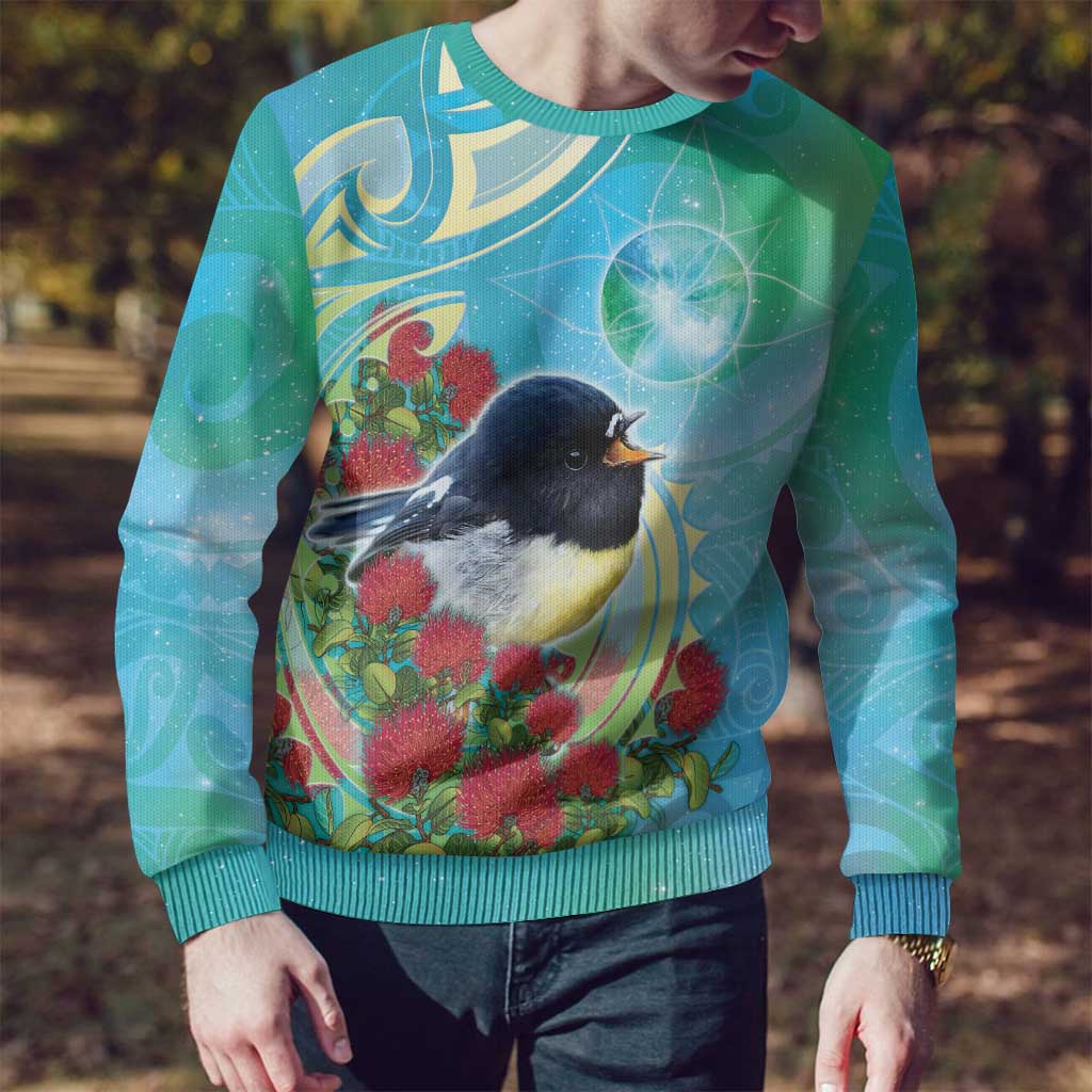 New Zealand Tomtit Ugly Christmas Sweater Maori Koru With Pohutukawa Galaxy Style - Polynesian Pride